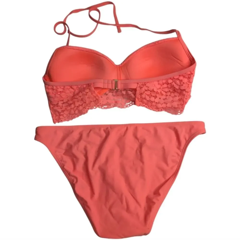 Coquette Coastal Coral Lace Ruffle Trim Push Up‎ Halter Top Bikini Med/Large